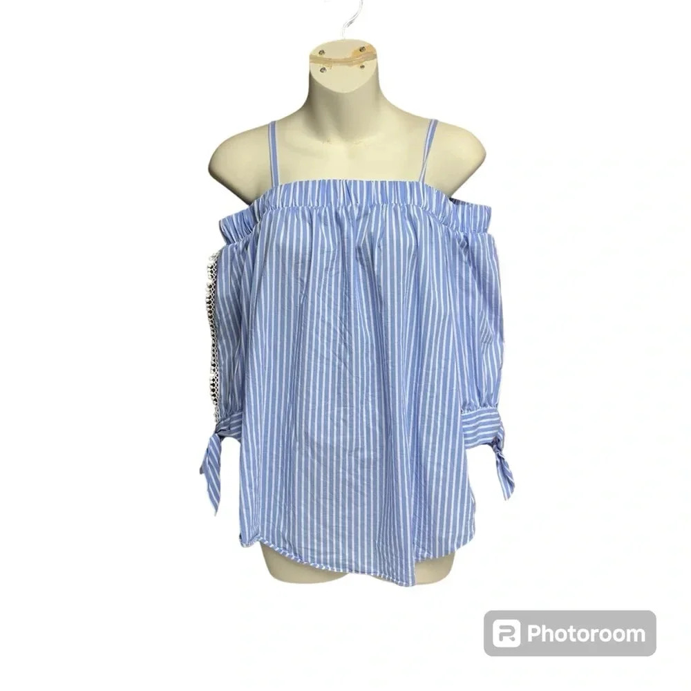 By & By size medium blue/white striped on/off shoulder open sleeves top
